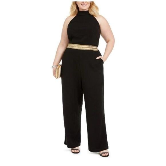 Teeze Me Pants - Teeze Me Black Metallic Gold Halter Jumpsuit Sz 18